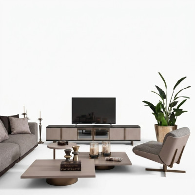 Wohnzimmer Garnitur Sessel RTV Lowboard Couchtische Holz Beige 6tlg