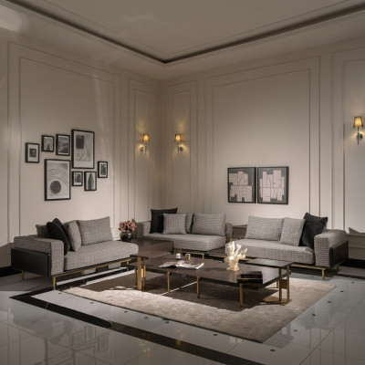 Wohnzimmer Garnitur Sofa Couchtische 5tlg Stoffsofa Grau Holz Set