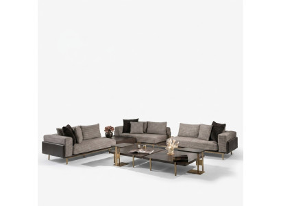 Wohnzimmer Garnitur Sofa Couchtische 5tlg Stoffsofa Grau Holz Set