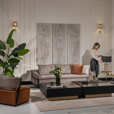 Sofa set třímístná sedací souprava, křeslo, stolky 6 kusů šedá obývací pokoj