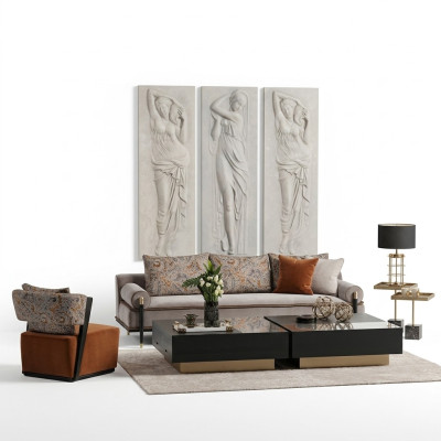 Sofa set třímístná sedací souprava, křeslo, stolky 6 kusů šedá obývací pokoj
