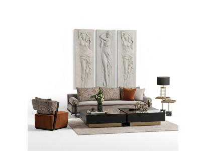 Sofa set třímístná sedací souprava, křeslo, stolky 6 kusů šedá obývací pokoj