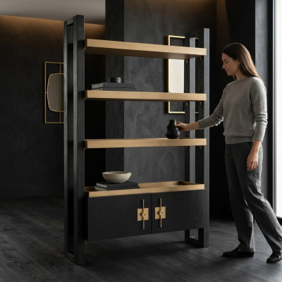 Design Schrank mit Regale Schranke Holz Schwarz Gold Holzschrank