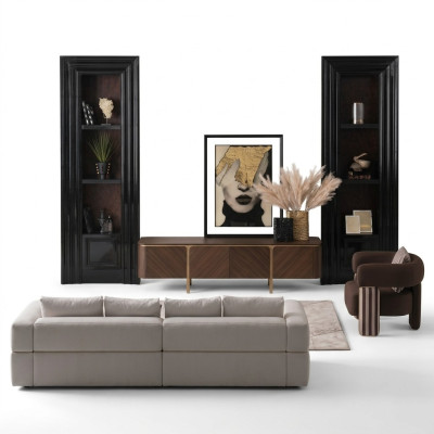 Garnitur Ecksofa Sessel Stoffsofa RTV Lowboard Beige Modern 3tlg Set
