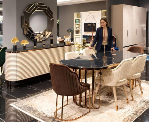 Essgruppe Essecke Esstisch Stühle Beige Set 9tlg Luxus Holz Esszimmer