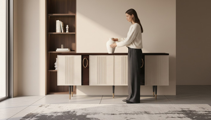Sideboard, bytový kredenc na nohy, komoda, skříň z bílého dřeva, designový nábytek do jídelny.