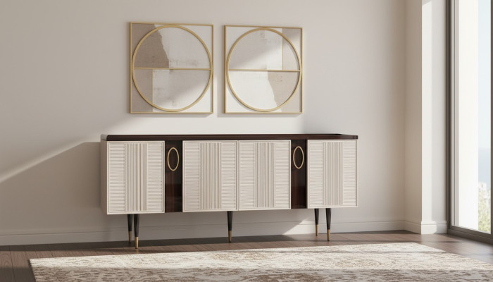 Sideboard, bytový kredenc na nohy, komoda, skříň z bílého dřeva, designový nábytek do jídelny.