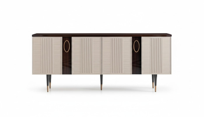 Sideboard, bytový kredenc na nohy, komoda, skříň z bílého dřeva, designový nábytek do jídelny.