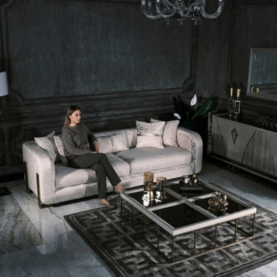 Dreisitzer Sofa 3 Sitz Couchtisch Grau Polstersofa Stoffsofa Set 2tlg