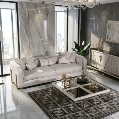 Dreisitzer Sofa 3 Sitz Couchtisch Grau Polstersofa Stoffsofa Set 2tlg