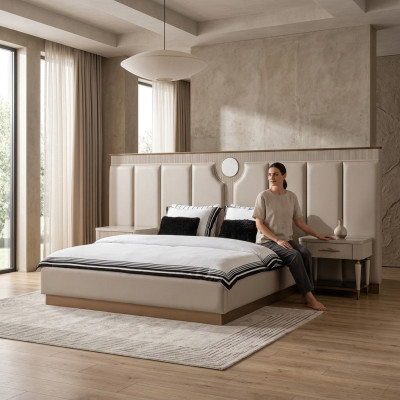 Garnitur Schlafzimmer Doppelbett Bett Nachttische Set 3tlg Beige Stoff