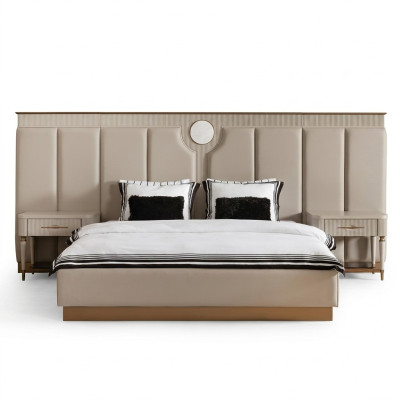 Garnitur Schlafzimmer Doppelbett Bett Nachttische Set 3tlg Beige Stoff