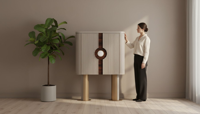 Barschrank Getränke Schrank Holz Beige Holzschrank Design Flaschen Bar