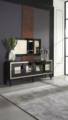 Komplette Sideboard Anrichte Schrank Spiegel Set Schwarz Holz Luxus