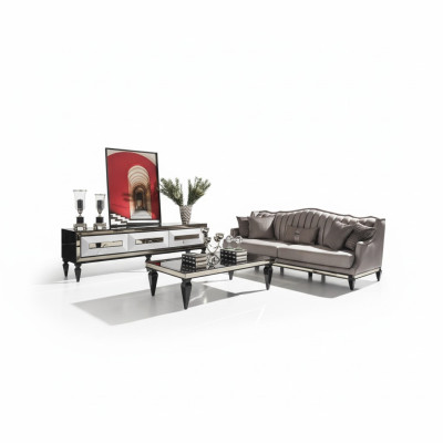Garnitur Sofa 4 Sitzer Stoffsofa Couchtisch Grau TV Ständer Set 3tlg