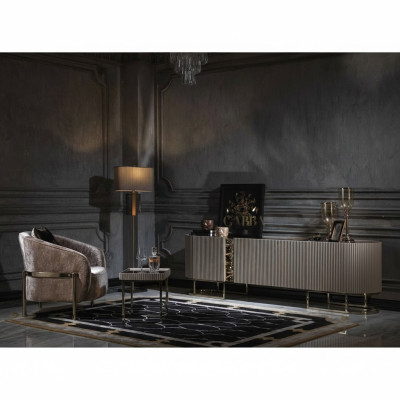 Gruppe Sessel Wohnzimmer Beistelltisch Beige Stoff TV Ständer Set 3tlg