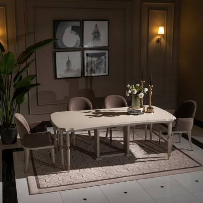 Essgruppe Essecke Esstisch Stühle Set 7tlg Esszimmer Beige Holz Design