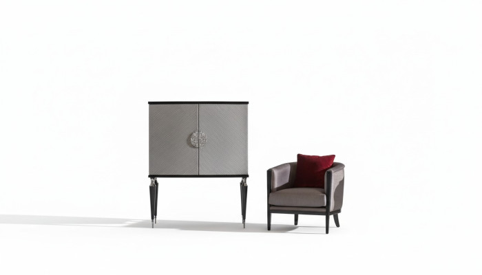 Garnitur Sessel Barschrank Grau Stoff Ohrensessel Bar Wohnzimmer Set