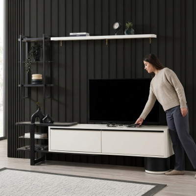 Wohnzimmer RTV Lowboard TV Ständer Schrank Holz Weiß Regale Wohnwand