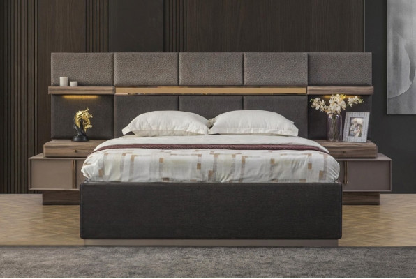 Komplette Schlafzimmer Doppelbett Set 3tlg Bett Nachttische Grau Stoff