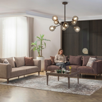Sofa set Čtyřsed a třísed Hnědá látková pohovka.