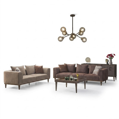 Sofa set Čtyřsed a třísed Hnědá látková pohovka.