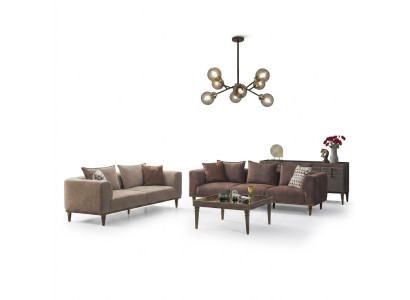 Sofa set Čtyřsed a třísed Hnědá látková pohovka.