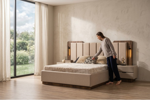 Kompletní ložnice Manželská postel Postele Beige Tkanina 3 ks.