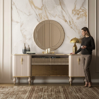 Luxuriöses Wohnzimmer Set Modernes Sideboard Glas Spiegel Holz Anrichte
