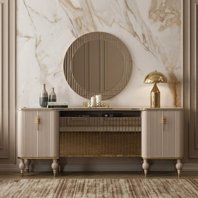 Luxuriöses Wohnzimmer Set Modernes Sideboard Glas Spiegel Holz Anrichte