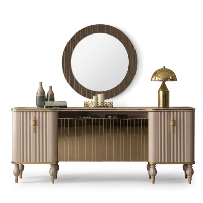 Luxuriöses Wohnzimmer Set Modernes Sideboard Glas Spiegel Holz Anrichte