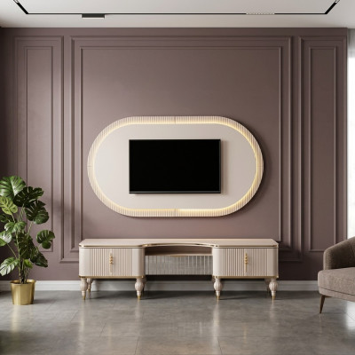 Moderne Beige Wohnwand Garnitur Designer RTV-Lowboard Wandpanel 2tlg