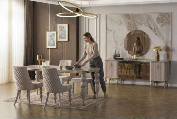 Bežová jídelní sestava Designový jídelní nábytek Jídelní stůl Židle Komoda 9čl.