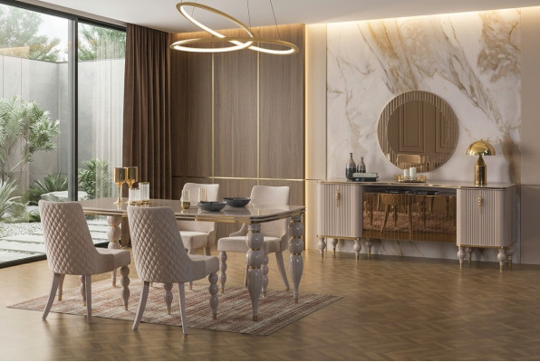 Bežová jídelní sestava Designový jídelní nábytek Jídelní stůl Židle Komoda 9čl.