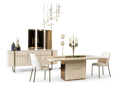 Bílá elegantní jídelní skupina designérský stůl ze nerezové oceli Luxusní x6 židlí