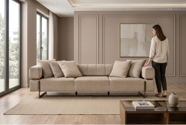 Bežová čtyřmístná designová látková pohovka pro obývací pokoj