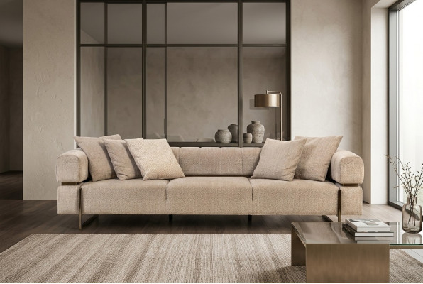 Bežová čtyřmístná designová látková pohovka pro obývací pokoj