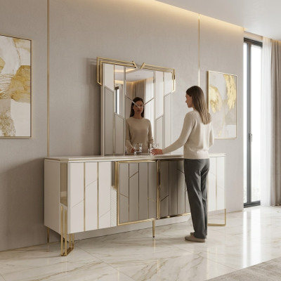 Luxus Sideboard mit Spiegel Anrichte Kommode Schrank Holz Weiß Design