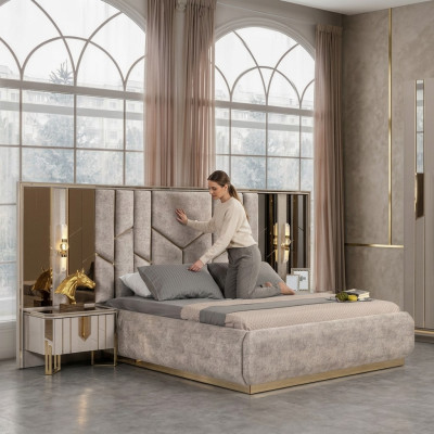 Schlafzimmer Doppelbett Garnitur Bett Nachttische 3tlg Beige Luxus