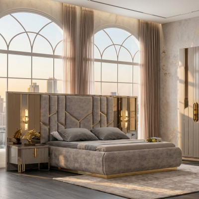 Schlafzimmer Doppelbett Garnitur Bett Nachttische 3tlg Beige Luxus