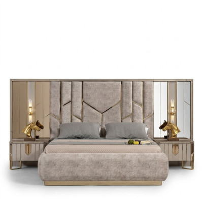 Schlafzimmer Doppelbett Garnitur Bett Nachttische 3tlg Beige Luxus