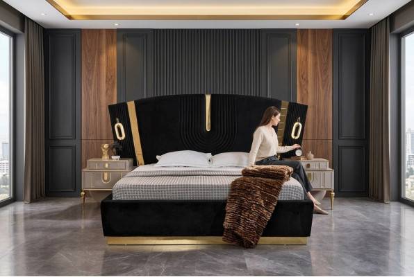 Schlafzimmer Doppelbett Garnitur Bett Nachttische 3tlg Luxus Schwarz