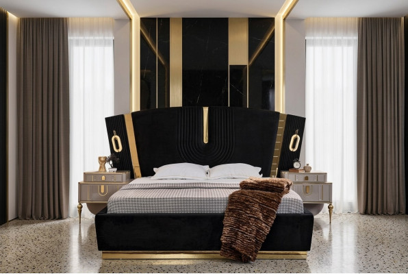 Schlafzimmer Doppelbett Garnitur Bett Nachttische 3tlg Luxus Schwarz