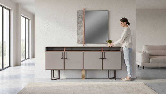 Garnitur Sideboard mit Spiegel Anrichte Schrank Holz Kommode Grau