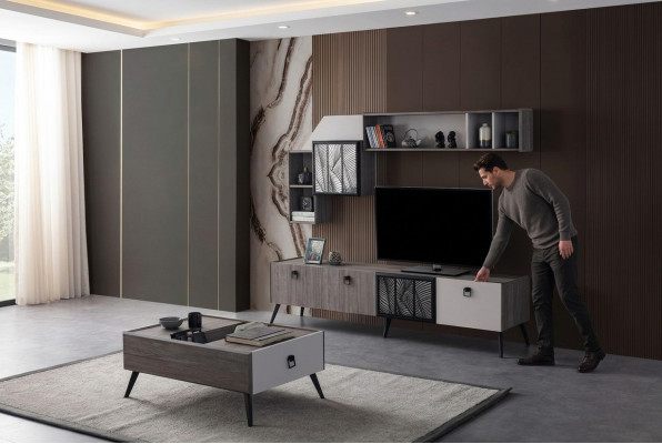 Gruppe Wohnzimmer TV Ständer Wandschränke Lowboard Grau Sofatisch 3tlg