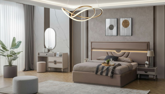 Garnitur Doppelbett Bett Nachttische Beige 6tlg Schminktisch Moderne