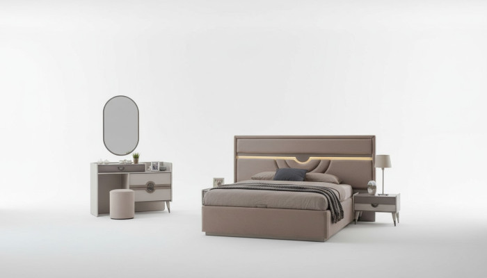 Garnitur Doppelbett Bett Nachttische Beige 6tlg Schminktisch Moderne