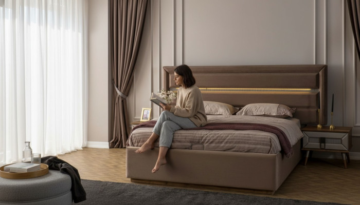 Braune Schlafgarnitur Exklusives Doppelbett 2x Holz Nachtkonsolen 3tlg