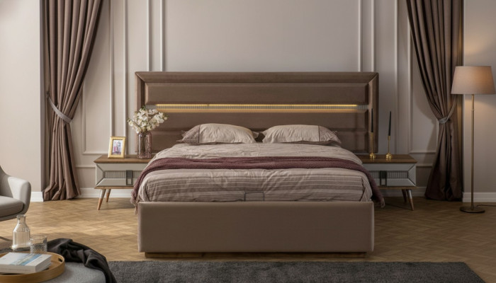 Braune Schlafgarnitur Exklusives Doppelbett 2x Holz Nachtkonsolen 3tlg