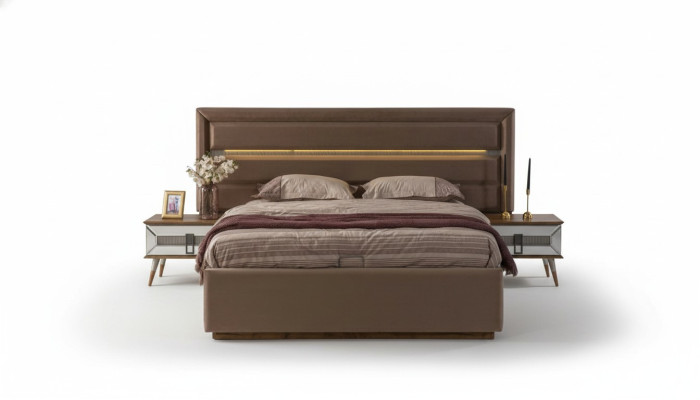 Braune Schlafgarnitur Exklusives Doppelbett 2x Holz Nachtkonsolen 3tlg